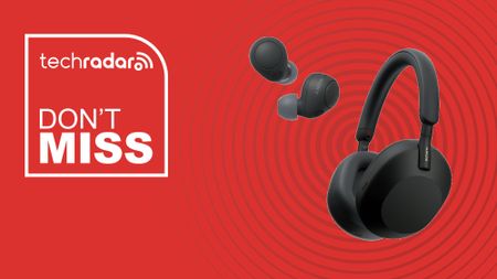 Sony WH-1000XM5 and WH-C700N Earbuds on a red background